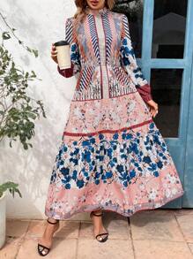 SHEIN Clasi Women's Printed Patchwork Stand Collar Swing Dress - Multicolor - View 1