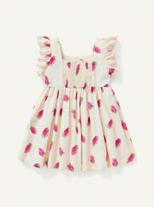 Cozy Pixies Vestido sin mangas para bebé niña con estampado de fresas, adornado con volantes y cintura ceñida