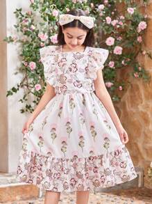 SHEIN Tween Girls' Square Neck Ruffle Trim Top With Back Button Detailing And Skirt With Ruffle Hem Skirt, Floral Pattern Two-Piece Set - White - View 3