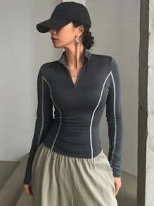 DAZY 修身女式 T 恤，带装饰边饰，立领和半开前襟，秋季服装长袖女式上衣 - 深灰色 - 查看 5