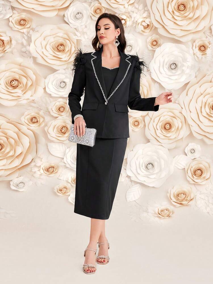 Women Autumn Patchwork Ribbon Stand Collar Long Sleeve Jacket & Fitted Tube Top Dress Elegant Suit Set 2 Piece Set