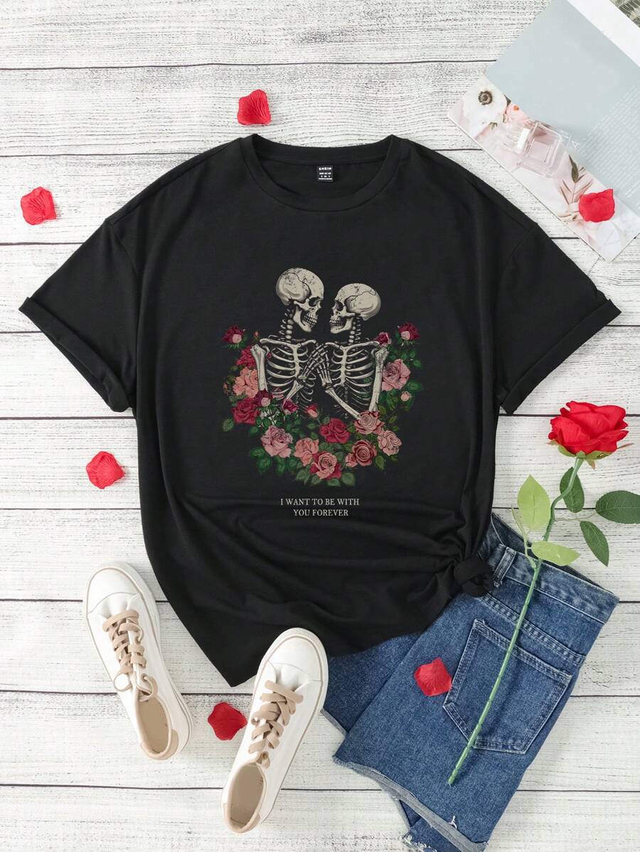 SHEIN EZwear 女士黑色休閒浪漫t恤,印有骷髏和花卉圖案,適合情人節 - 黑色 - 查看 1