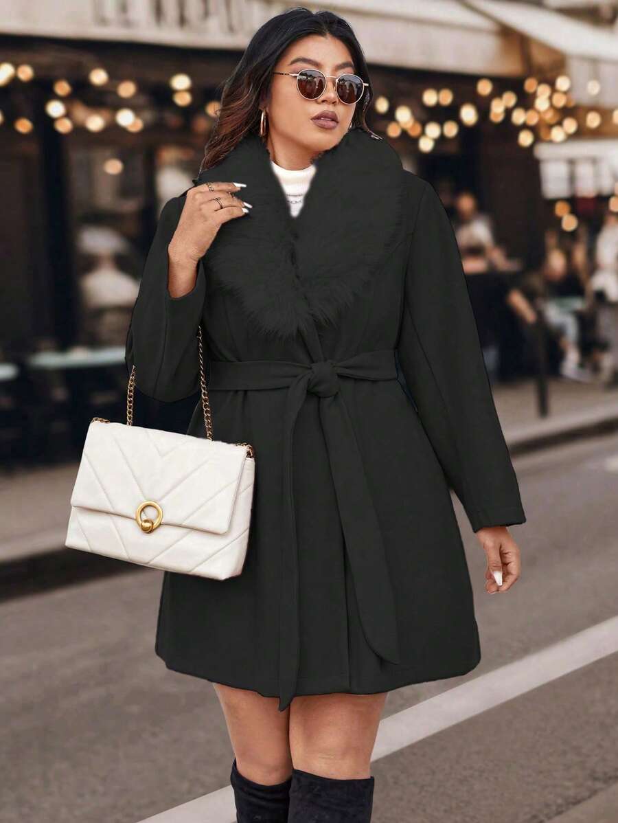 SHEIN Unity 加大码纯色长袖毛领休闲羊毛大衣，冬季 - 黑色 - 查看 1