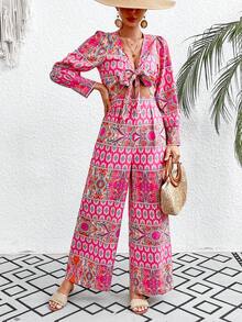 SHEIN VCAY 女款印花鏤空繫帶腰部連身褲 - 彩色 - 查看 4