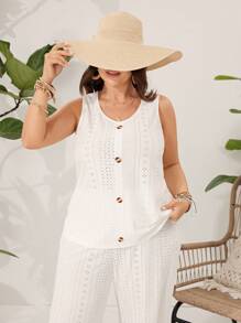 SHEIN VCAY 大尺寸鏤空刺繡圖案休閒背心褲度假套裝 - 白色 - 查看 6