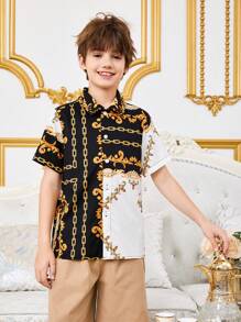 SHEIN 十幾歲男孩鬆身款休閒無領短袖平紡襯衫,有鏈條圖案 - 白色 - 查看 2