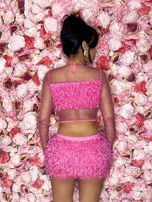 SHEIN SXY 性感網紗和羽毛長袖兩件裝連衣裙,適合舞會派對 - 粉色 - 查看 2