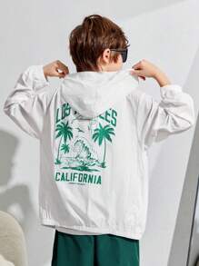 SHEIN Tween Boys' Casual Holiday Printed Hooded Zip-Up Woven Jacket