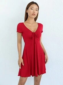 SHEIN EZwear Màu thuần Dây rút Dệt kim Đầm - Đỏ - Xem 3
