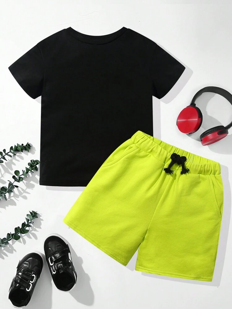 2pcs/Set Young Boys' Casual College Style Comfortable & Fashionable Cat Pet Pattern Short Sleeve T-Shirt And Green Shorts, Suitable For Spring And Summer