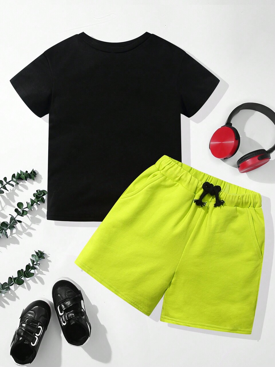 2pcs/Set Young Boys' Casual College Style Cat Pet Pattern Short Sleeve T-Shirt And Green Shorts,Summer,Matching,Family Vacation Comfortable Outfits