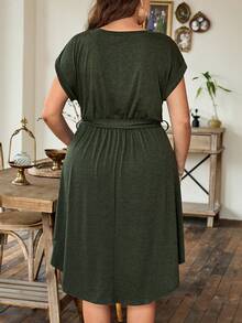 SHEIN LUNE Đầm chữ A cổ tròn tay cánh dơi thường ngày cỡ lớn cho nữ có dây buộc eo, trang phục mùa hè - xanh quân đội - Xem 2