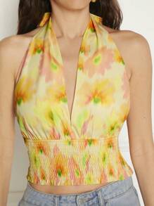 SHEIN Unity Floral Shirred Waist Tie Backless Halter Top - Multicolor - View 4