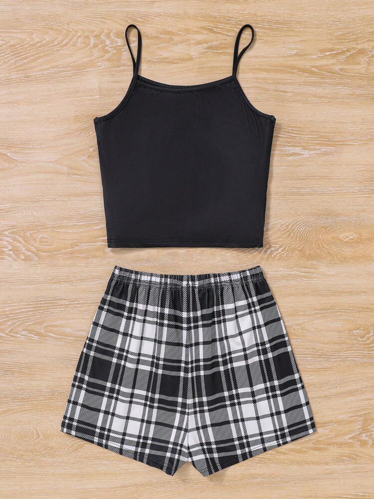 ティーンガールニットハートキャミソールトップとチェック柄ショーツ難燃性パジャマセット