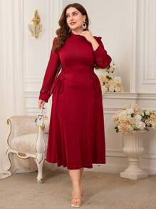 Modelyn 勃艮第红色女士加大码纯色优雅侧交叉系腰连衣裙