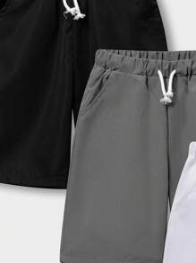 SHEIN Cậu bé Tween 3pcs Giải trí Thoải mái Eo đàn hồi Quần short Với dây rút - Xám - Xem 5