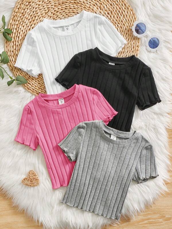 SHEIN 4 Piezas De Confortable Camisetas Sólidas De Manga Corta Para Niñas Jóvenes