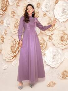 Modelyn 女士长袖阿拉伯连衣裙，优雅晚会礼服长款晚礼服 - 紫色 - 查看 5