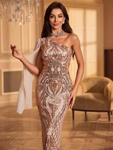 Women's Cape Sleeve Sequin Embellished Party Dress - Champagne - View 4