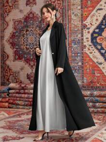 Al Najma Solid Color Lapel Collar Pleats Spliced Long Coat Abaya, Muslim Fashion Abaya For Casual/Festival/Gathering/Travel