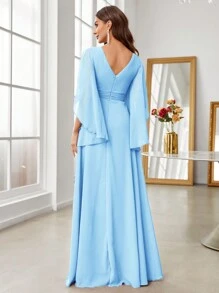 SHEIN Belle Adult Women's V-Neck Flounce Sleeve Pleated Bridesmaid Dress Elegant Formal Evening Prom Wedding Guest Gown, For Graduation, Dinner