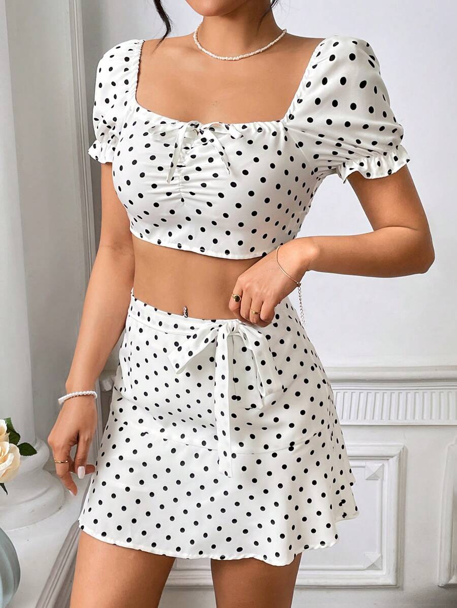SHEIN Unity 女性波點印花短上衣和裙子套裝 - 白色 - 查看 1