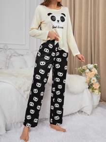 Women's Panda Pattern Pajama Set - Multicolor - View 4