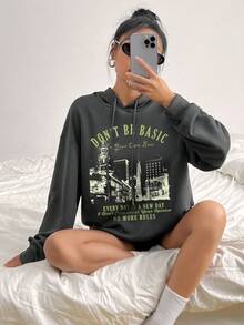 SHEIN EZwear 女士連帽衫,印有標語字樣 - 深灰色 - 查看 4