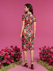 TOM & JERRY X SHEIN Floral Print Sweetheart Neckline Dress