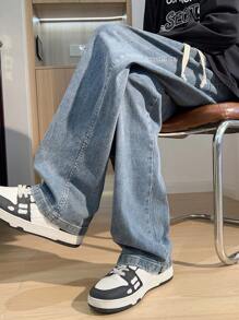 Jeans dritti con vita con cordoncino casual da uomo - Blu - Visualizzare 5