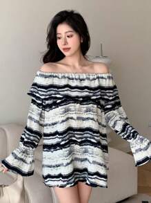 DAZY 荷叶边条纹喇叭袖衬衫，秋装长袖上衣