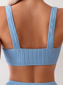 女士實色比基尼套裝，V領狂歡節泳裝 - 藍色 - 查看 5