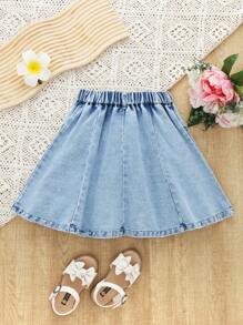 SHEIN 女孩休閒基本寬鬆傘裙牛仔裙,有彈性腰圍,淺藍水洗,非常適合度假