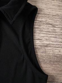 INAWLY Women'S Zipper Half Placket Turn-Down Collar Tank Top For Summer - Black - View 5