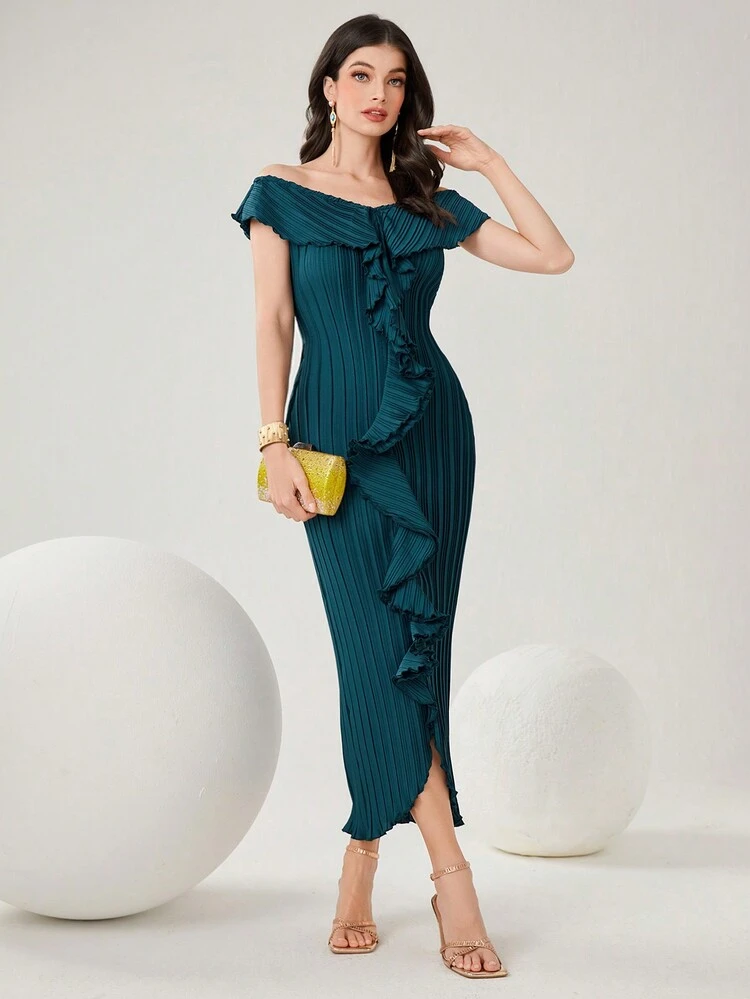 Women's Solid Color Ruffle Hem Off Shoulder Dress Long Evening Dresses