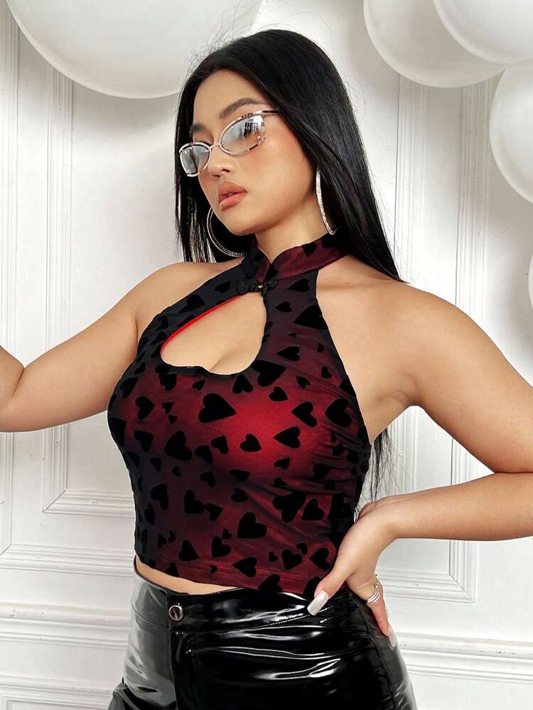 Plus Size Women's Heart Printed Button-Front Tank Top For Summer