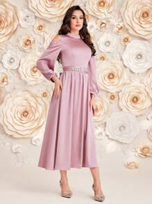 Modelyn Women's Long Sleeve Arabian Modest Dress, Elegant Evening Party Dress - Pink - View 4