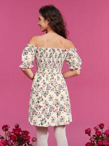 TOM & JERRY X SHEIN Off Shoulder Allover Print A-Line Dress - Apricot - View 2