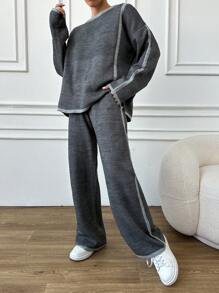 EURMUSE Contrast Trim Drop Shoulder Sweater & Knit Pants - Grey - View 5