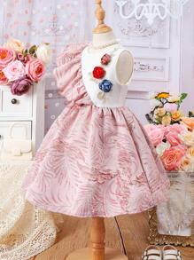 SHEIN Little Girls' Contrast Color 3d Floral Ruffle Hem Dress - Multicolor - View 5
