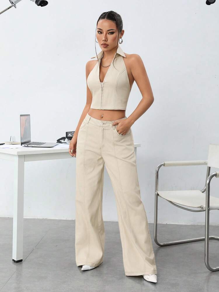 Solid Color Backless Halter Top & Low Waisted Wide Leg Pants Two Piece Set