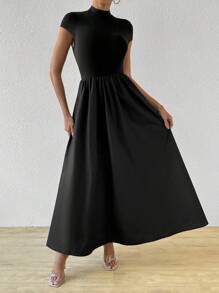 Firerie Women'S Short Sleeve Slim Fit Stand Collar Dress With Flared Hem,Sun Dress - Black - View 3