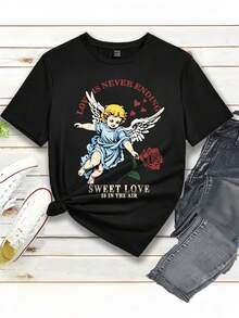 SHEIN EZwear 女式黑色圓領短袖 T 卹,帶有英文字母、天使和玫瑰圖案,情人節 - 黑色 - 查看 1