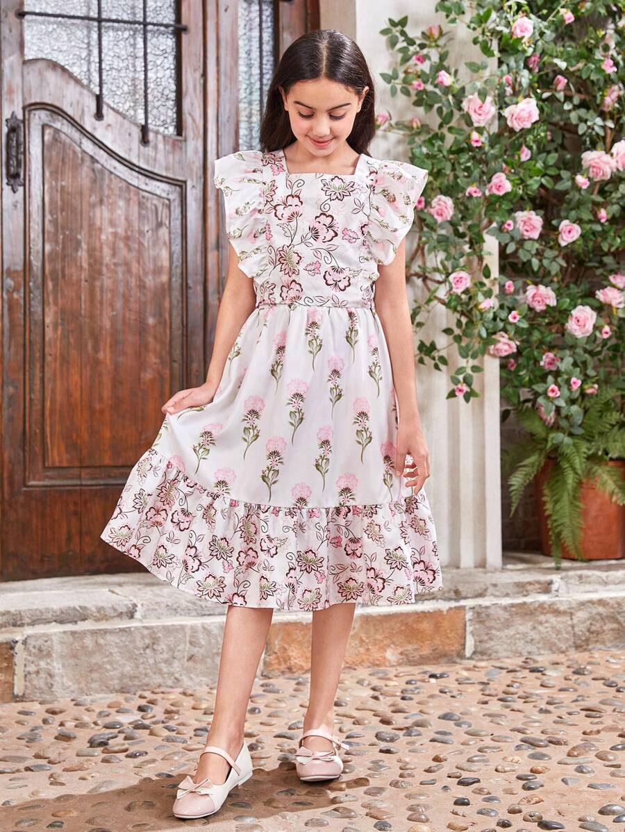SHEIN Tween Girls' Square Neck Ruffle Trim Top With Back Button Detailing And Skirt With Ruffle Hem Skirt, Floral Pattern Two-Piece Set - White - View 1