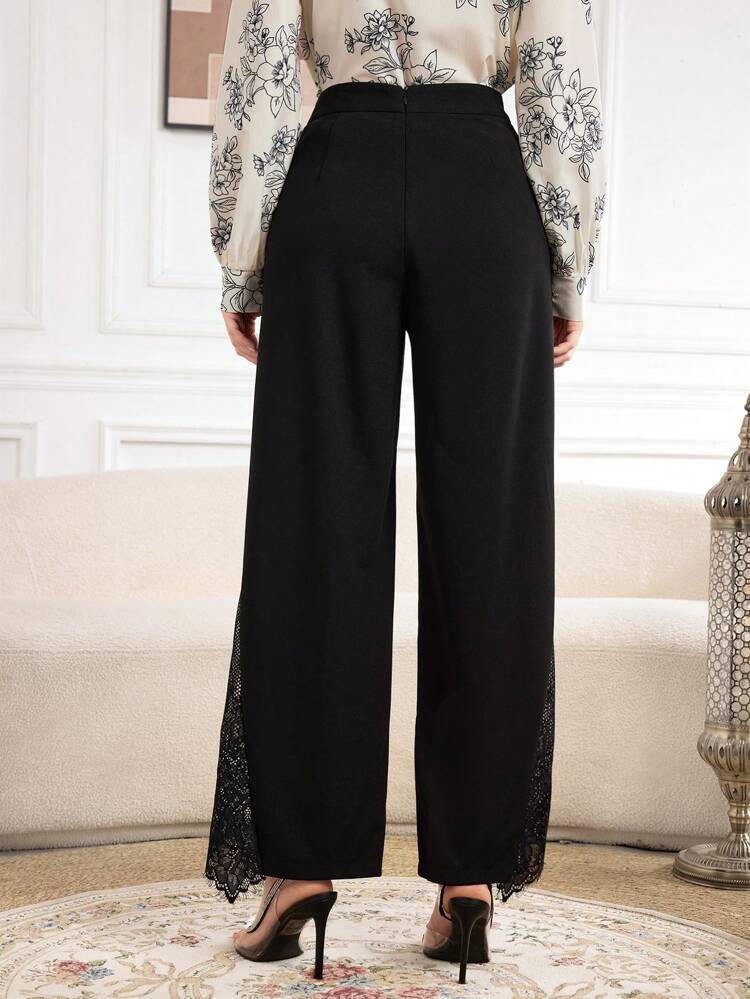 Lace Splicing Plain Color Casual Wide Leg Pants Fall Cloth For Women