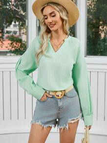 Aveloria Solid Color Notch Collar Long Sleeve Shirt Fall Cloth For Women - Mint Green - View 2