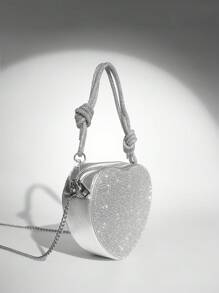 SHEIN BAE Túi xách hình trái tim đính đá Rhinestone lấp lánh thời trang sang trọng, thanh lịch dành cho nữ, Túi buổi tối, Ngày lễ tình nhân, Túi dự tiệc, Dạ hội, Câu lạc bộ, Đêm hẹn hò, Ngày lễ tình nhân - Bạc - Xem 3