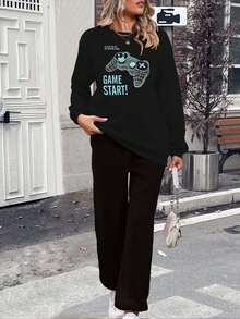 INAWLY 女士遊戲手柄和字母印花絨毛運動服套裝 - 黑色 - 查看 3