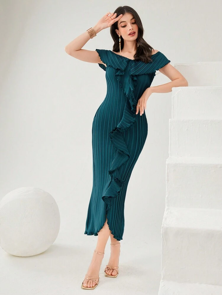 Women's Solid Color Ruffle Hem Off Shoulder Dress Long Evening Dresses