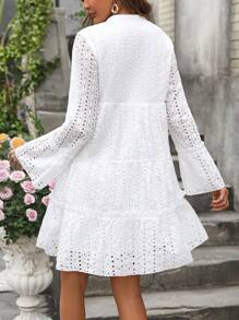 SHEIN VCAY Solid Color Hollow Out Embroidery Detail Notched-Neck Flared Sleeve Dress - White - View 2